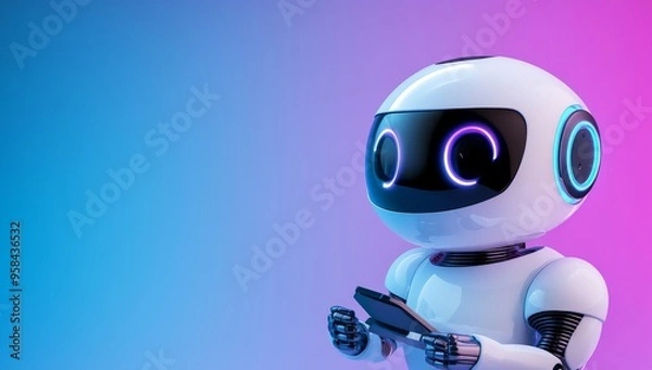 Fototapeta Cute Robot Toy with LED Lights Holding Smartphone on Purple Background