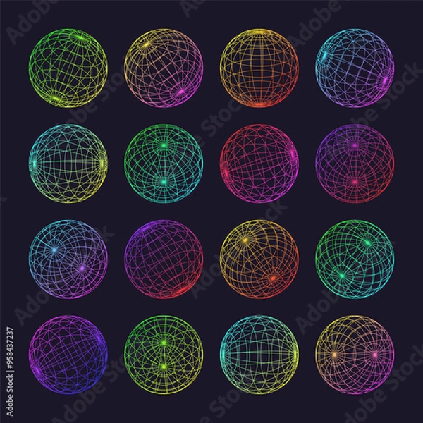 Obraz Neon wireframe shapes, lined sphere. Perspective mesh, 3d grid. Low poly geometric elements. Retro futuristic design elements, y2k, vaporwave and synthwave style. Vector illustration