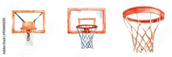 Fototapeta Collection of basketball hoops showcasing different angles and designs, perfect for sports-themed projects and marketing.