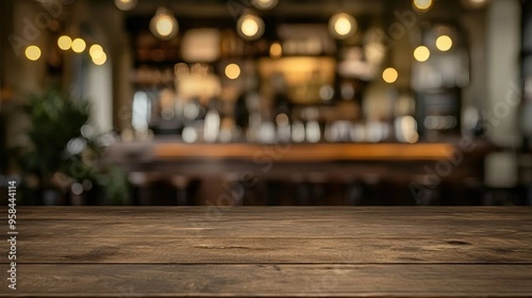 Fototapeta A cozy wooden table in a warm, softly lit bar, ideal for creating a welcoming atmosphere for gatherings and social moments.