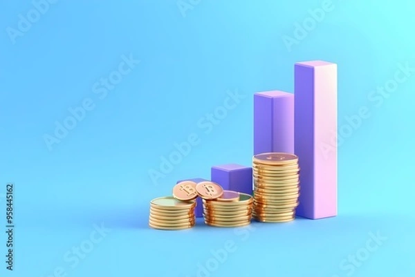 Fototapeta 3D icon of a blue bar chart on podium with floating coins, against a blue background