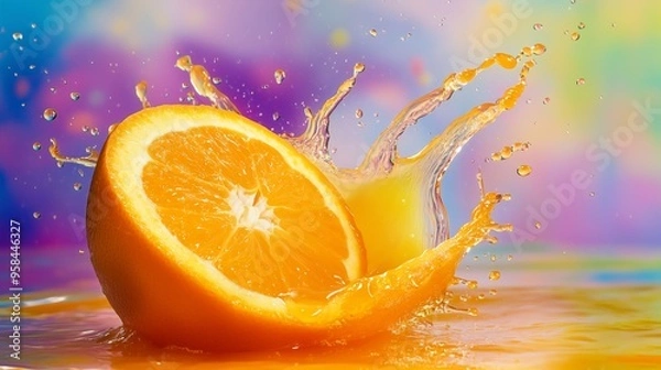 Fototapeta A juicy orange split open with a dynamic splash of orange juice frozen in motion, against a vibrant, colorful backdrop