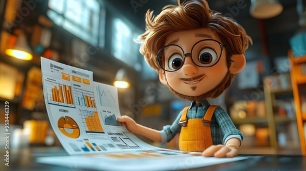 Fototapeta Animated entrepreneur in a lively 3D cartoon setting, carefully evaluating a business plan's goals and strategic objectives.