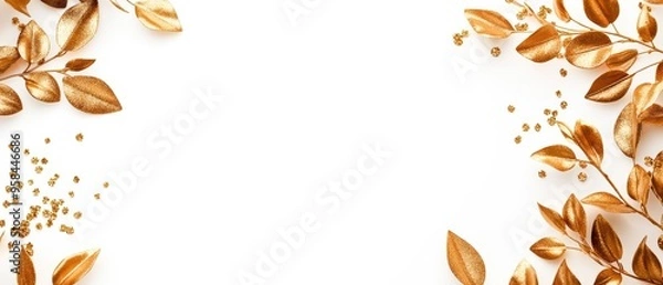 Fototapeta Elegant circle frame of gold leaves and eucalyptus branches, sparkling glitter accents, set against a pure white background, perfect for wedding stationery