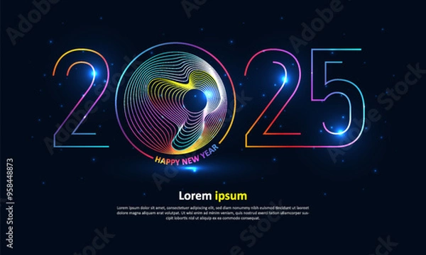 Obraz 2025 Happ New Year graphic design. Line style colorful number on blue background