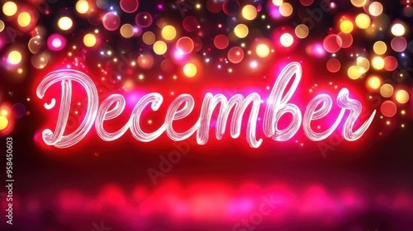 Fototapeta December text with glowing festive lights