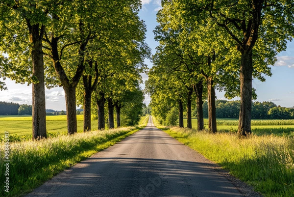 Fototapeta A winding country road lined with trees on a warm summer day, bathed in golden light, inviting you to explore the unknown.
