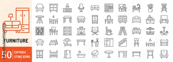Fototapeta Furniture editable stroke outline web icons set. Furniture, dining table, bed, couch, tv table, office chair, dressing table, book self, window and door. Vector illustration