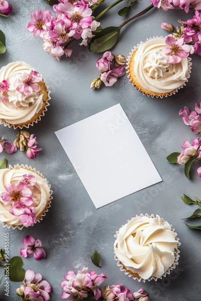 Obraz Top view of cupcakes with spring flowers and blank card.