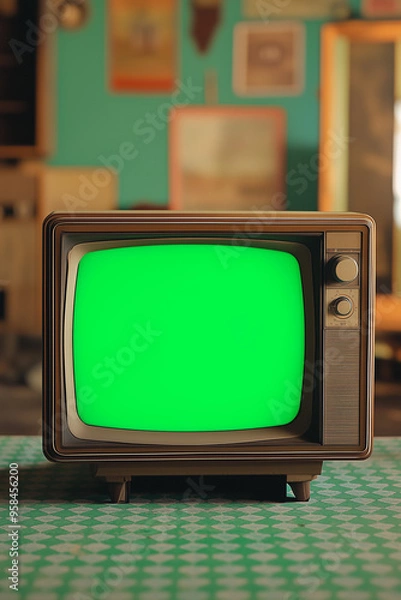 Fototapeta Retro television with green screen in a vintage interior, suitable for media and technology themes.