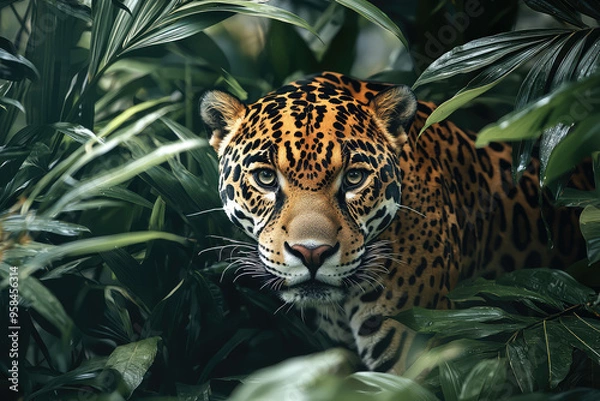 Fototapeta The Jaguar's Gaze: A glimpse of power and grace hidden within the lush, verdant jungle.