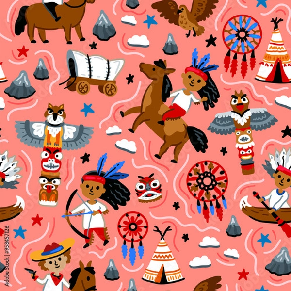 Fototapeta Bright cheerful children seamless vector pattern with American native indians and western cowboy from wild west rural Landscape. Childish background. Cheerful characters with animals and plants.