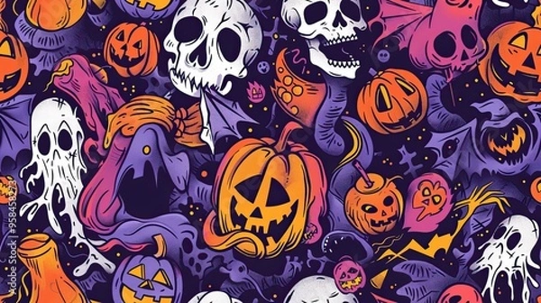 Fototapeta Halloween-themed pattern with pumpkins, ghosts, and spooky elements. AI generated image. Colorful Doodle Background