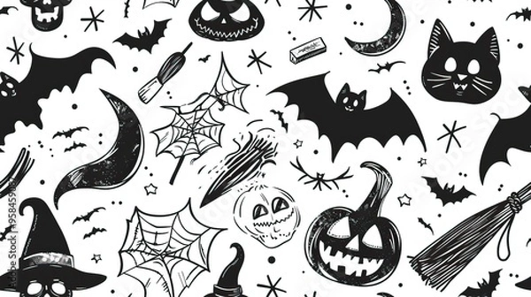 Fototapeta A Halloween-themed pattern with bats, cats, and spooky objects. AI generated image doodle background