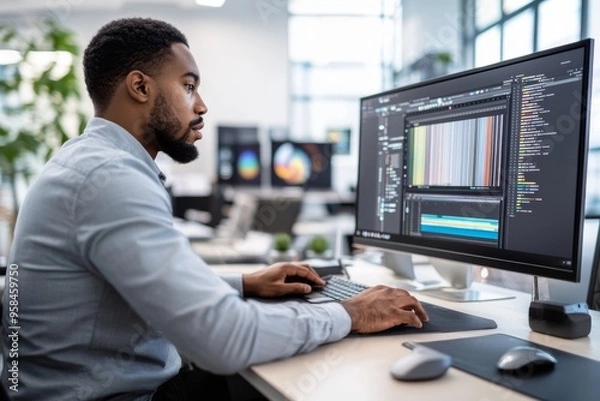 Fototapeta Using professional digital apps for video montage, graphic artist edits film footage with special effects and color grading.