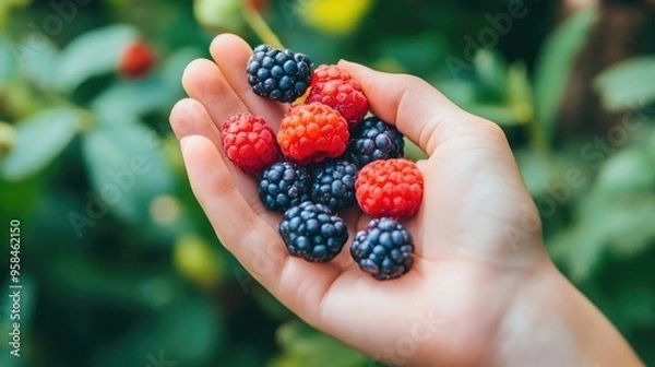 Fototapeta Freshly picked raspberries and blackberries in a hand, showcasing vibrant colors and natural beauty in a garden setting.