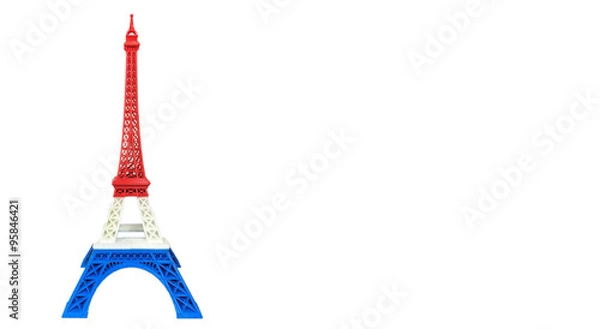 Fototapeta Eiffel Tower Model in France Flag, Red White Blue Stripe printed by 3D Printer at Corner with Space to input Text or for Mock Up Display Product, Pray for Paris Concept