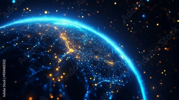 Fototapeta Digitalization of e-Commerce, e-business, Planet Earth seen from space. Global Network Connecting the World. Internet of Things.