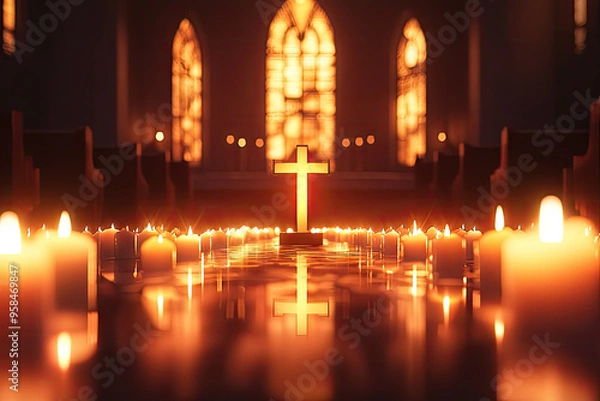 Fototapeta A Golden Cross Glows Amidst a Sea of Candles, Illuminating the Path to Hope and Faith.