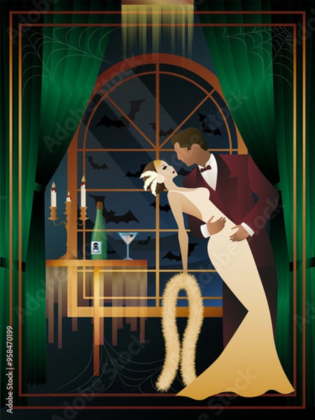 Obraz Retro Halloween party flyer. Retro couple of dancers, man and woman, characters in 30s-40s style. Day of the Dead concept