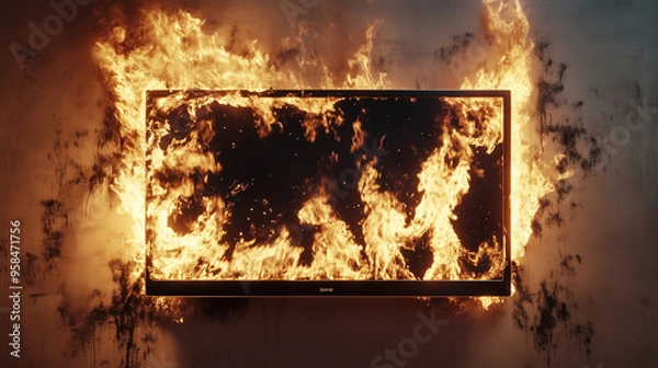 Obraz Modern Flat-screen TV Engulfed in Flames – Dramatic Fire and Smoke Scene