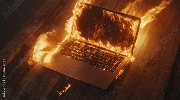 Fototapeta Burning Laptop on Rustic Wooden Desk – Intense Flames and Smoke