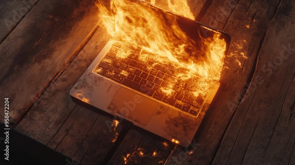 Obraz Burning Laptop on Rustic Wooden Desk – Intense Flames and Smoke