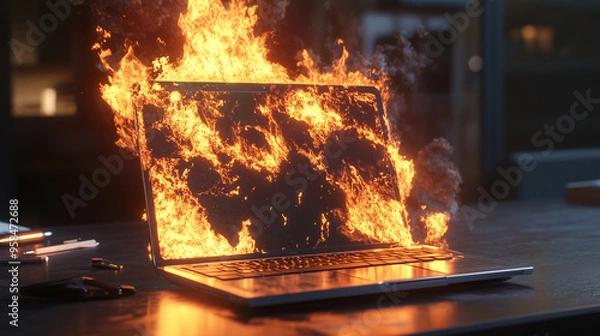 Obraz Burning Laptop on Rustic Wooden Desk – Intense Flames and Smoke