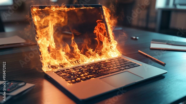 Obraz Burning Laptop on Rustic Wooden Desk – Intense Flames and Smoke