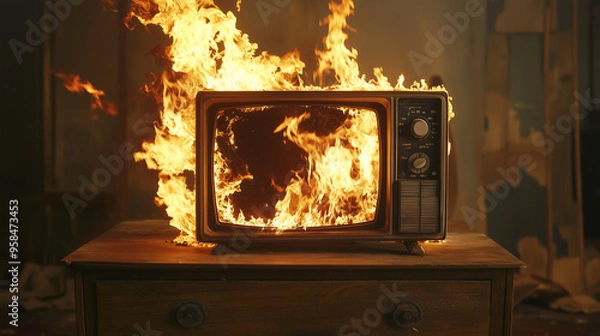 Obraz Vintage TV Engulfed in Flames on Rustic Wooden Furniture – Dramatic Fire and Smoke Scene