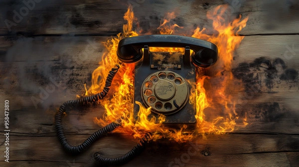 Obraz Vintage Rotary Phone Engulfed in Flames on Rustic Table – Dramatic Fire and Smoke Scene