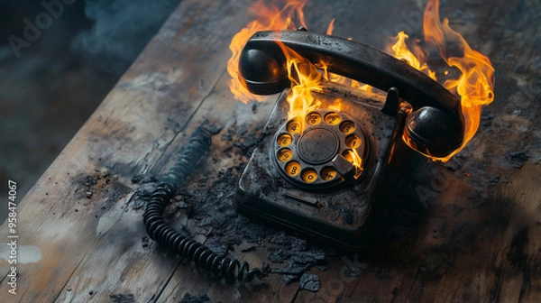 Obraz Vintage Rotary Phone Engulfed in Flames on Rustic Table – Dramatic Fire and Smoke Scene