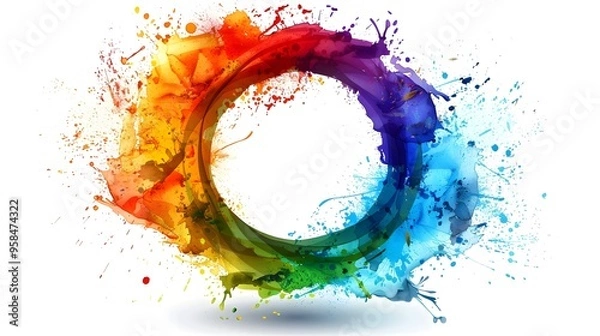 Fototapeta Vibrant Circular Frame with Splattered Rainbow Colors on White Background long title Vibrant and dynamic circular frame with a rainbow color spectrum