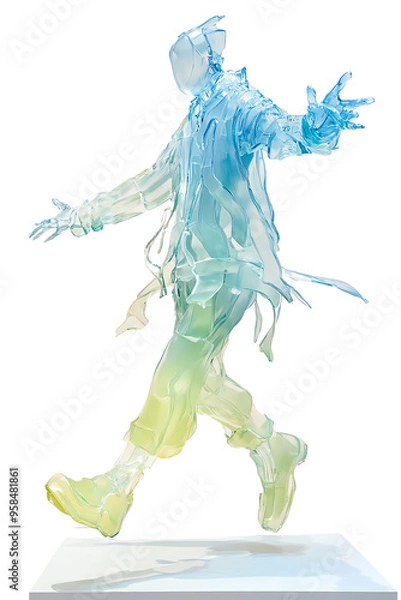 Fototapeta Vibrant modern sculpture of a dynamic, translucent figure in motion with gradient colors, showcased on a white pedestal.