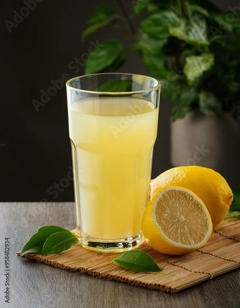 Fototapeta Refreshing lemon juice with fresh lemons on a table with copy space
