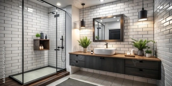 Fototapeta A stylish bathroom transformation combines crisp white subway tile, a sophisticated black floating vanity, and vibrant