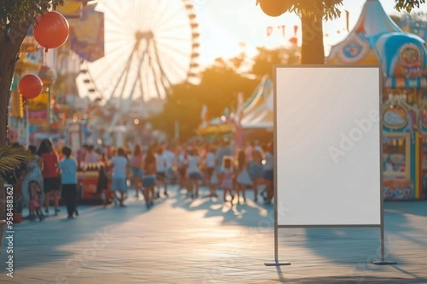 Fototapeta Empty billboard in an amusement park as families enjoy the sunset
