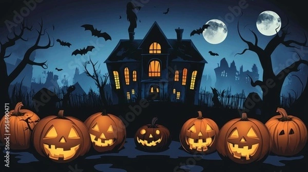 Fototapeta Halloween background with pumpkins and haunted house