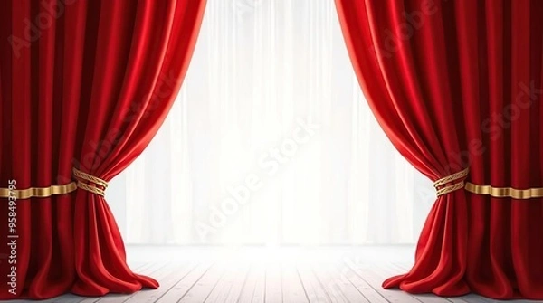 Fototapeta Realistic red velvet curtains opening on transparent background