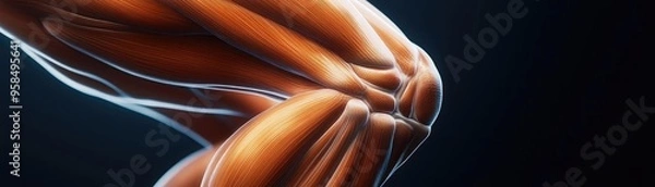 Fototapeta Close-up view of a perfectly toned muscle showcasing strength and definition against a dark background.