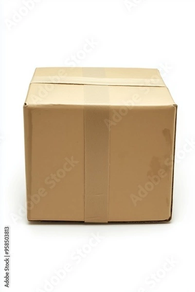 Fototapeta A cardboard box with a white label on it