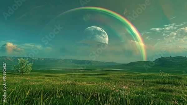 Fototapeta Landscape with moon and green hills of flood meadows. 3d render evening rainbow