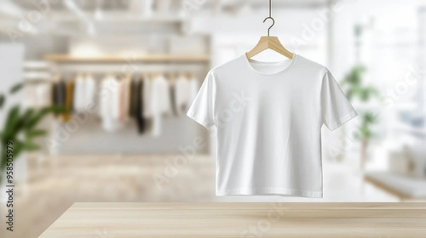 Fototapeta A plain white T-shirt hangs on a wooden hanger against a blurred background of a modern clothing store.