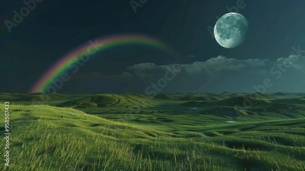 Fototapeta Landscape with moon and green hills of flood meadows. 3d render evening rainbow