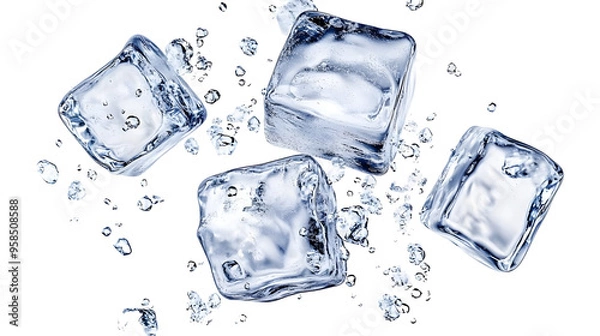 Obraz Crystal Clear Ice Cubes Falling in Water with Bubbles on Transparent Background