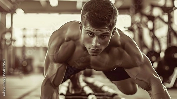Obraz Muscular man doing push-ups in gym.