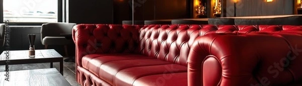 Fototapeta Stylish red leather couch in a modern lounge setting, perfect for contemporary interior design and relaxation.