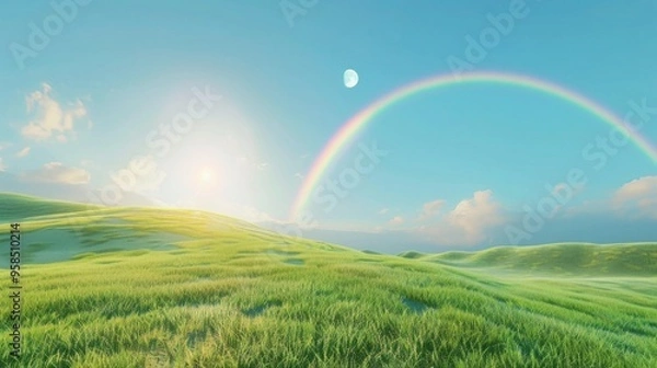 Fototapeta Landscape with moon and green hills of flood meadows. 3d render evening rainbow
