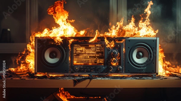 Obraz Vintage Stereo System Engulfed in Flames – Photorealistic Fire and Smoke Scene