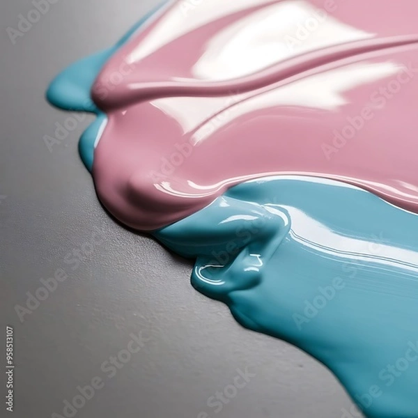 Fototapeta Close up view of light pink and light blue paint mixing isolated on grey